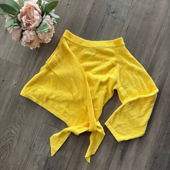 Nanushka Ceto Sunflower Yellow Terry Mix One Shoulder Wrap Sweater - Picture 5 of 6